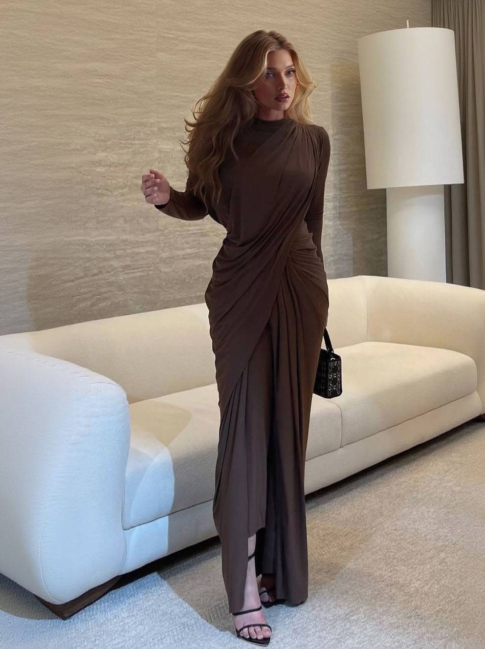 Asymmetric Design Pleated Long Sleeve Maxi Dress