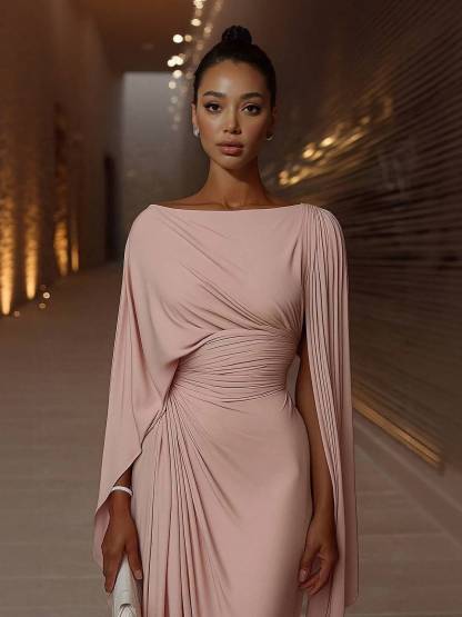 Boat Neck Pleated Slim Fit Maxi Dress