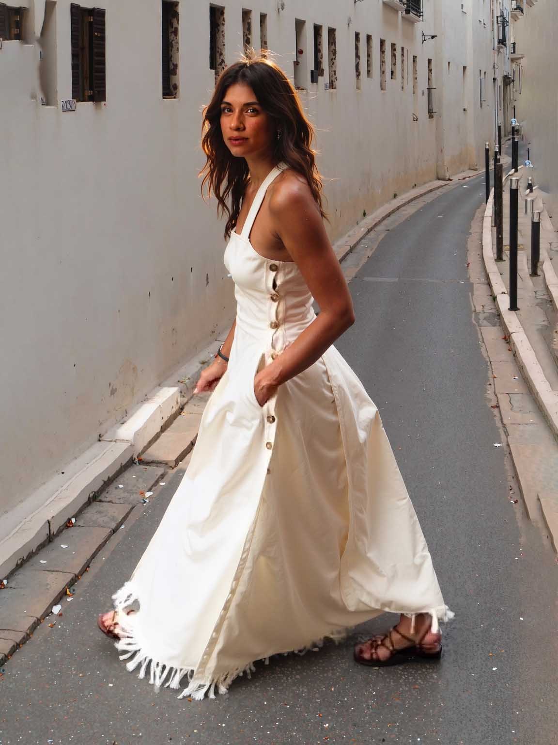 Elegant Square Neck Side Button Sleeveless Maxi Dress