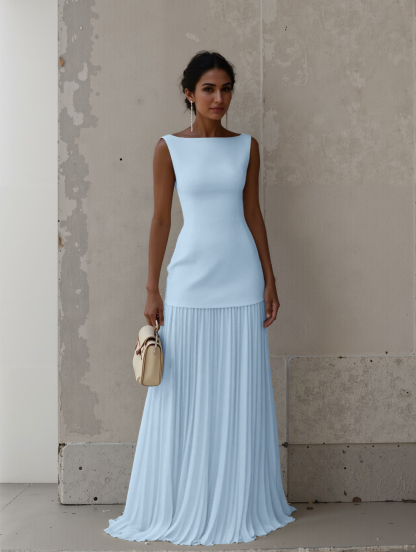 Elegant Pleated Classic Boat Neck Pleated Maxi Dress