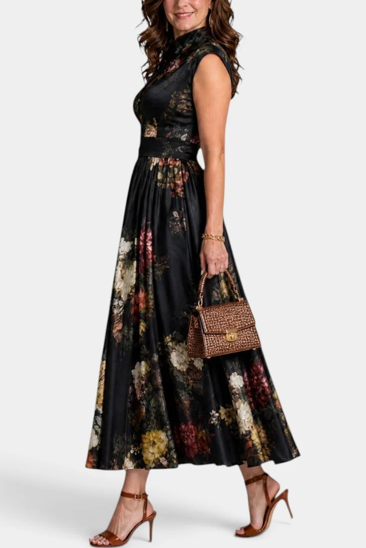 Vintage Floral Print Sleeveless Midi Dress With Keyhole Neck & Wide Belt