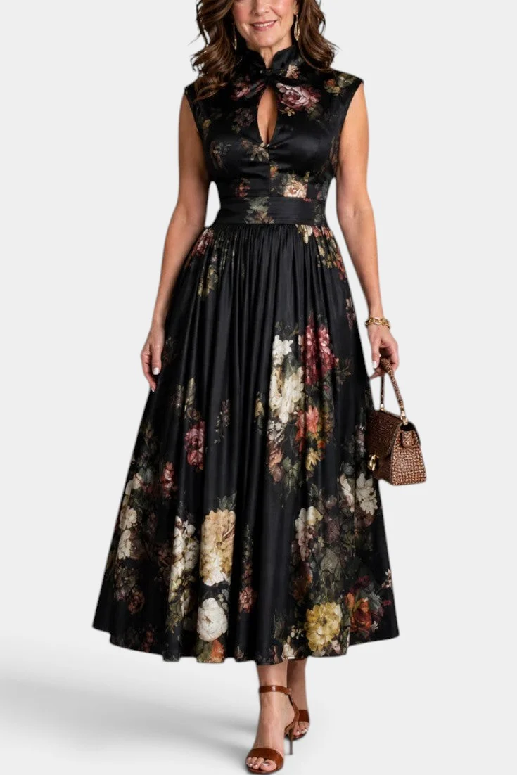 Vintage Floral Print Sleeveless Midi Dress With Keyhole Neck & Wide Belt