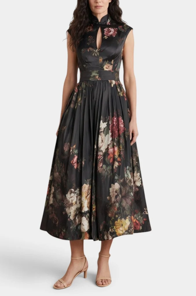 Vintage Floral Print Sleeveless Midi Dress With Keyhole Neck & Wide Belt