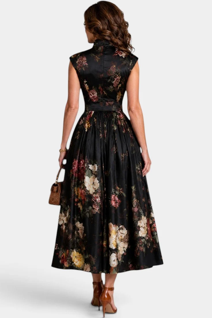 Vintage Floral Print Sleeveless Midi Dress With Keyhole Neck & Wide Belt