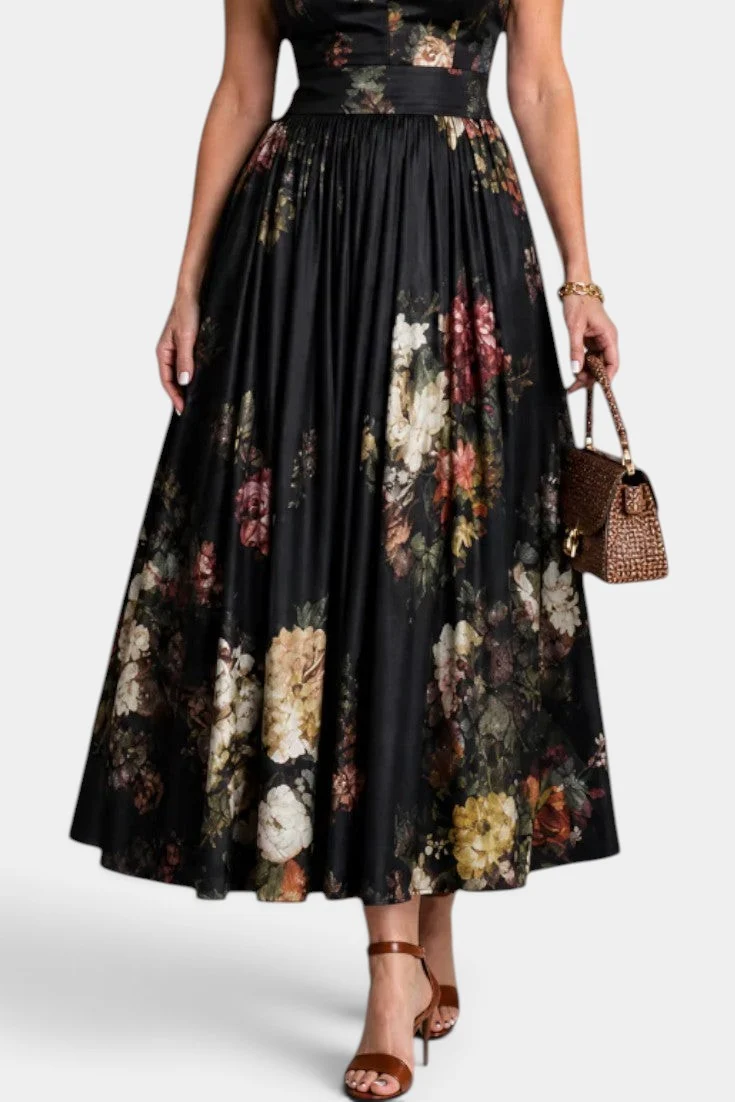 Vintage Floral Print Sleeveless Midi Dress With Keyhole Neck & Wide Belt
