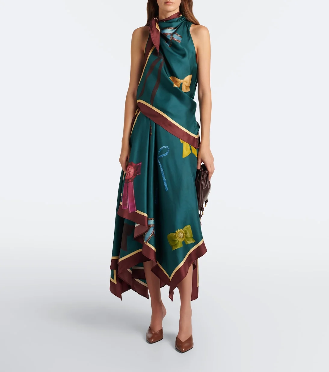 Green Scarf Print Halter Neckline Handkerchief Hem Satin Midi Dress [erp-image:c1db3b2e48b71ff11a0a8e03]