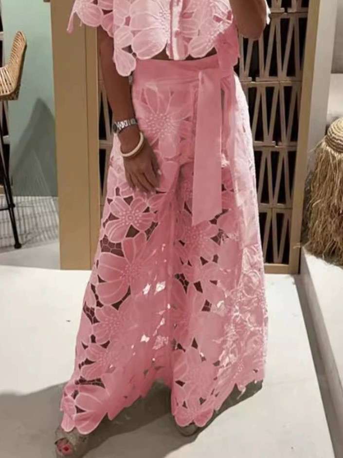 Exquisite Floral Embroidered Hollow Lace Wide-Leg Pants
