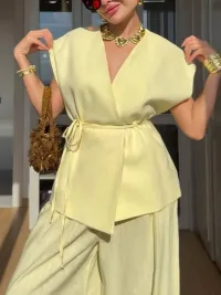 Minimalist Vest And Wide Leg Pants Suit-Pants