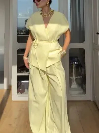 Minimalist Vest And Wide Leg Pants Suit-Pants