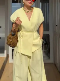 Minimalist Vest And Wide Leg Pants Suit-Pants
