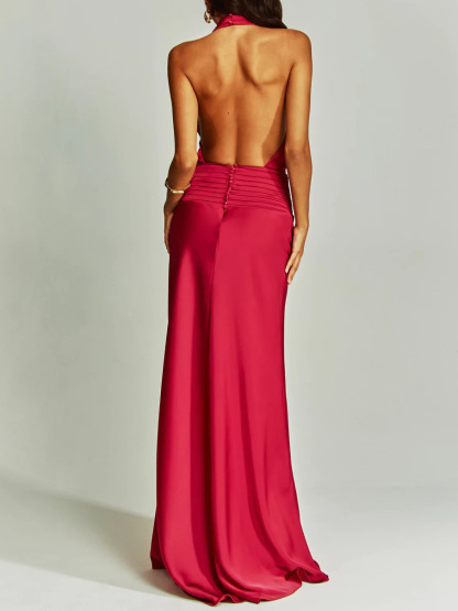 Elegant Chic Halter Neck Satin Party Maxi Dress