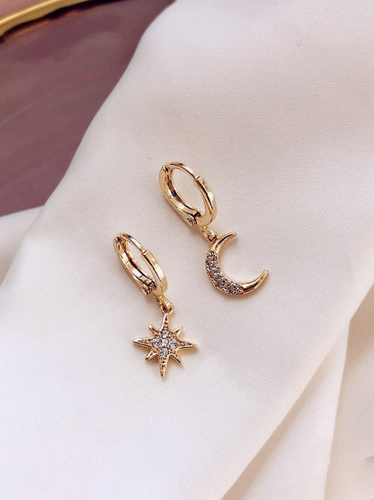 Classic Full Diamond Star Moon Asymmetrical Earrings