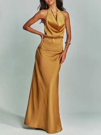 Elegant Chic Halter Neck Satin Party Maxi Dress