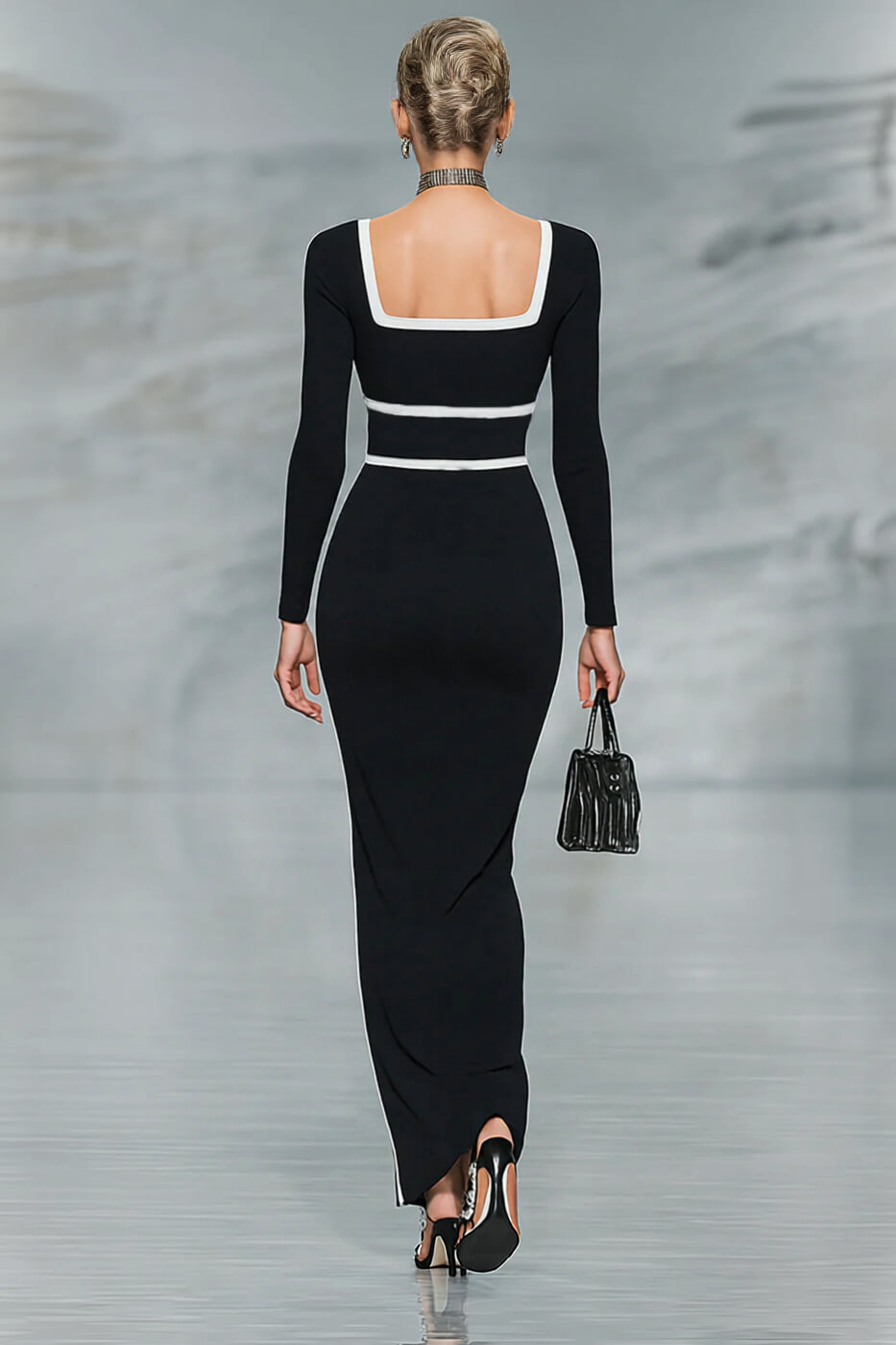 Elegant Black And White Trim Square Neck Long Sleeve Tight Maxi Dress