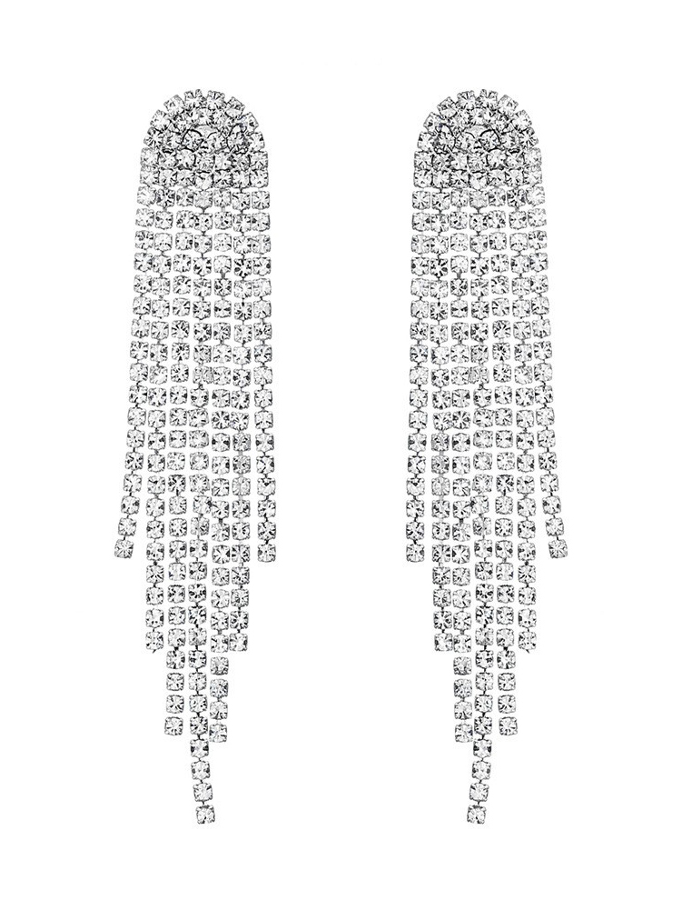 Geometric Diamond Rhinestone Long Tassel Earrings