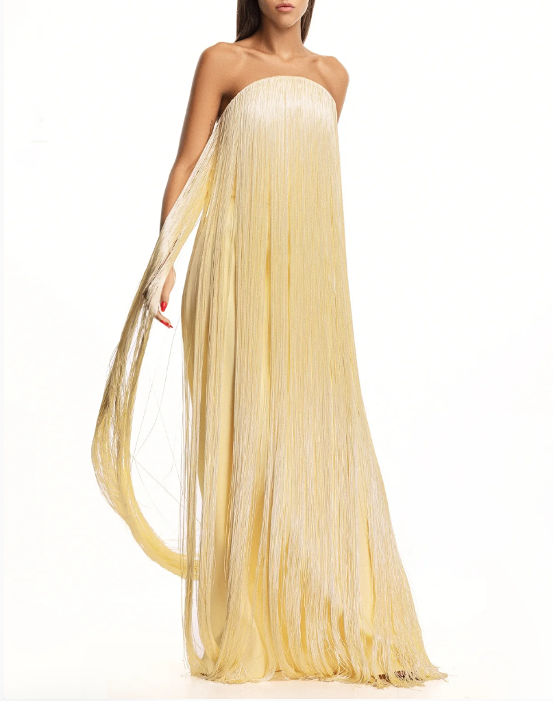 Elegant Strapless Fringe Formal Maxi Dress