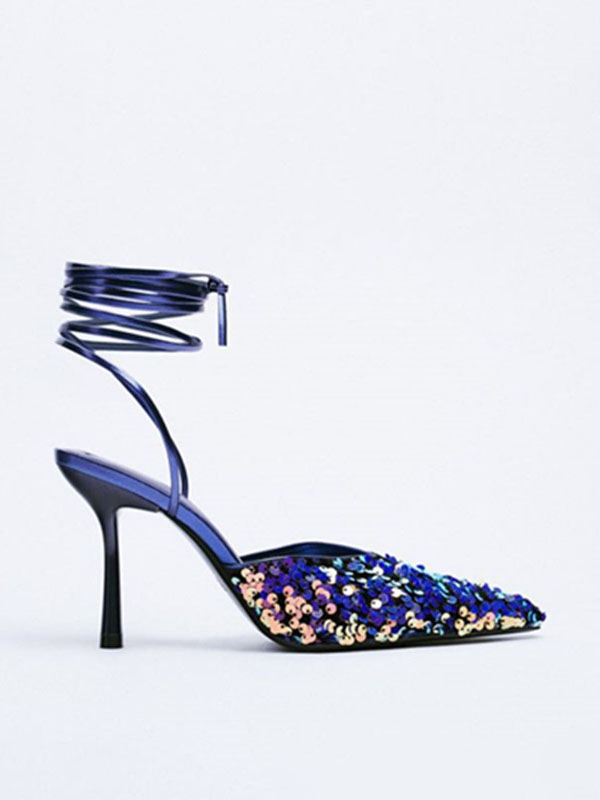 Sequined Slingback Pointed Toe Lace-up High Heels