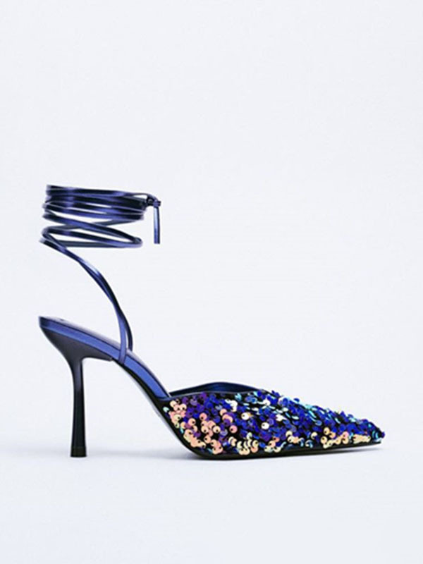 Sequined Slingback Pointed Toe Lace-up High Heels