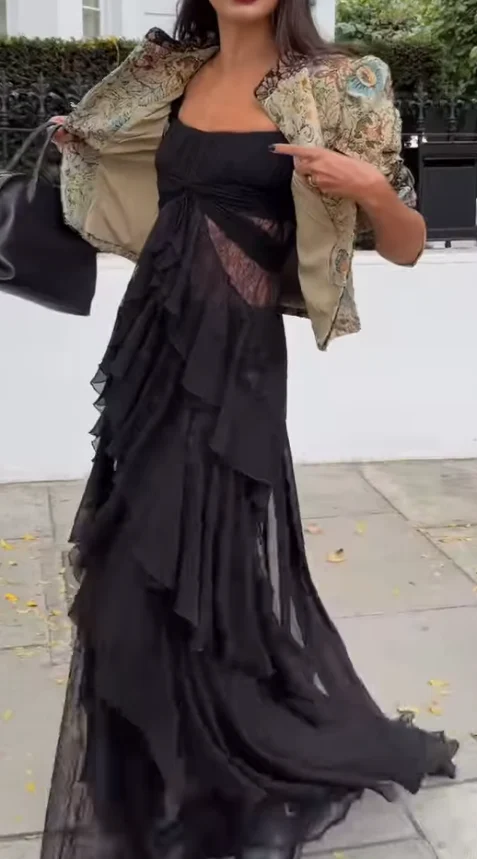 Vintage Brocade Cropped Jacket and Ruffle Maxi Dress Two Piece Set [erp-image:661df2efaa49c635e7bc6aeb]
