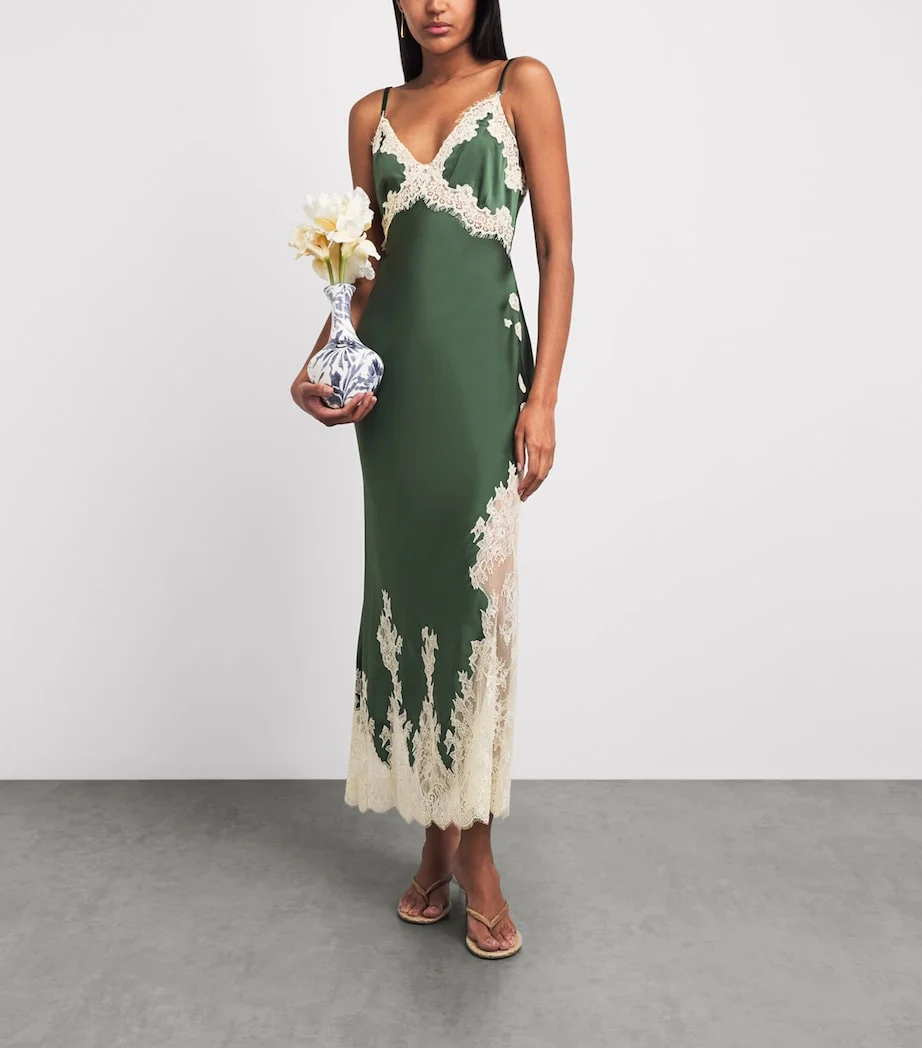Lace Trim V-Neck Satin Slip Maxi Dress in Dark Green [erp-image:b008c63f335af526326e97ad]