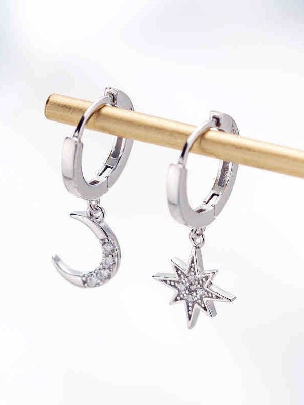 Classic Full Diamond Star Moon Asymmetrical Earrings