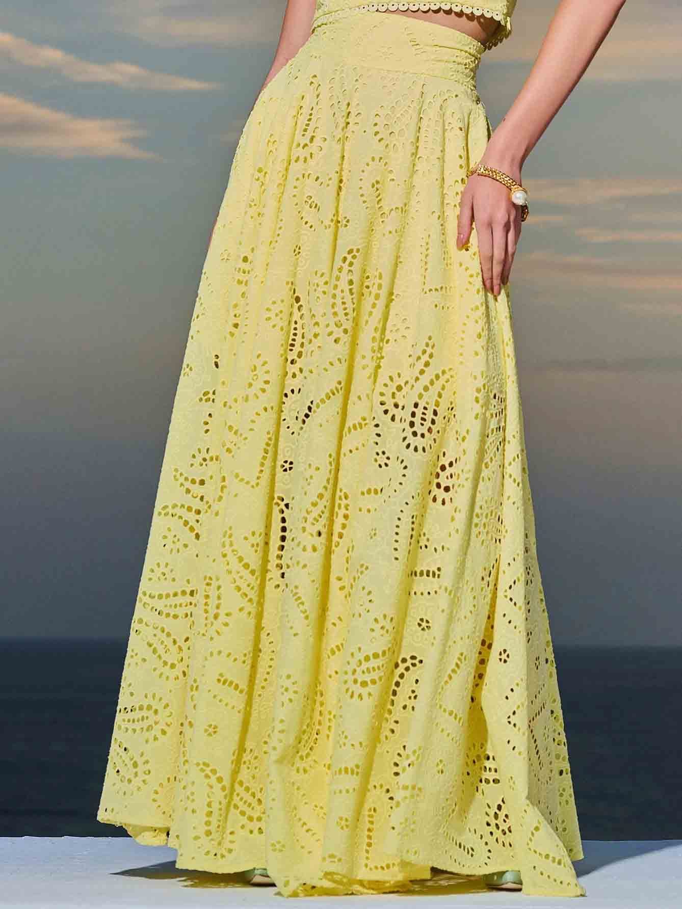 Exquisite embroidered hollow lace long A-line skirt