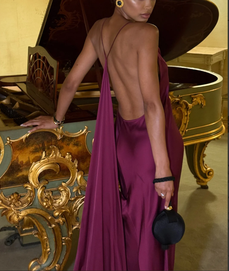 Elegant Satin Draped Backless Maxi Dress