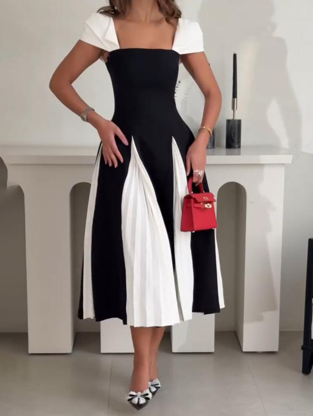 Elegant Contrast Pleated Panel Midi Dress