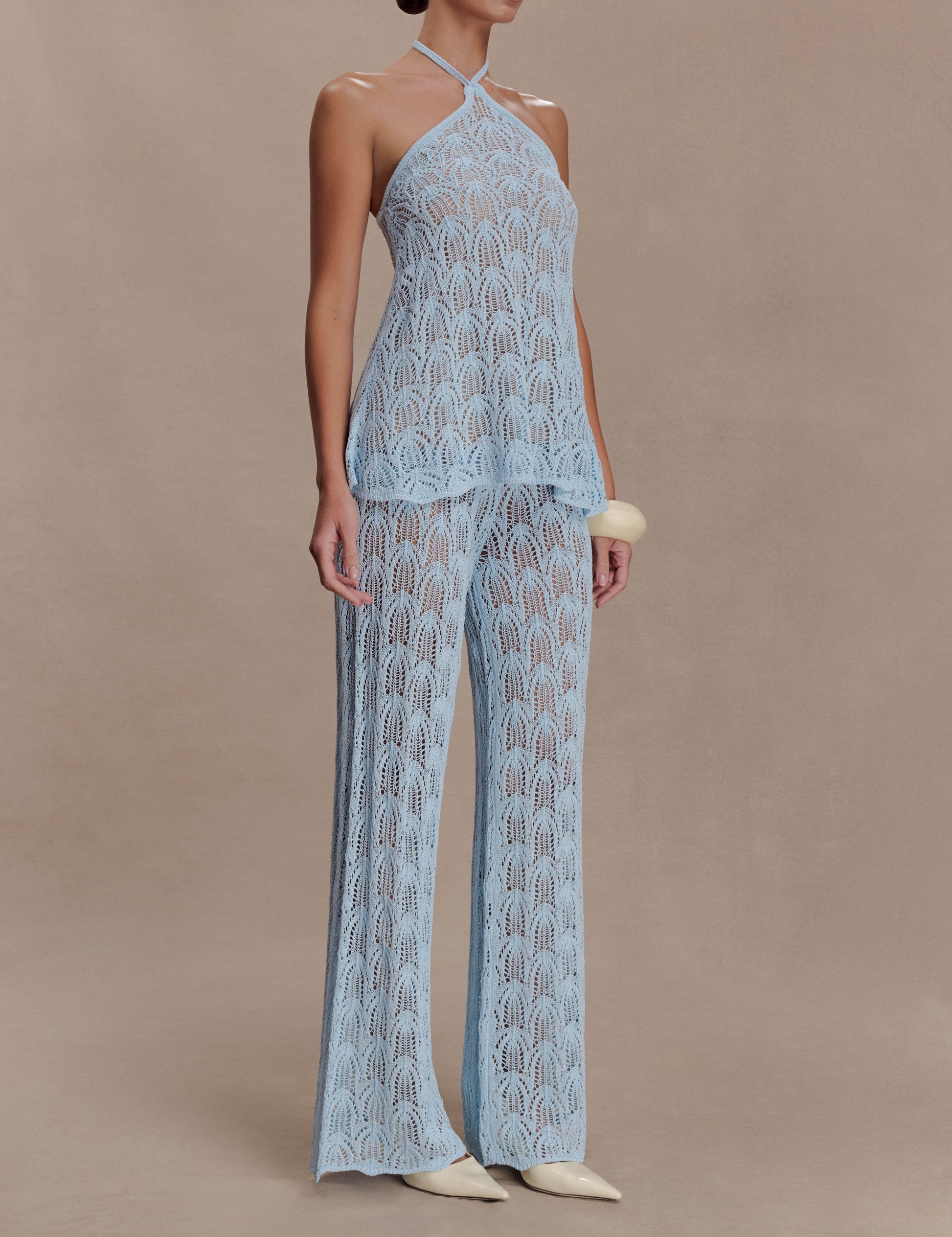 Bohemian Rui Lace Neck Jumpsuit-sky Blue Transparent Like Needle Wide Leg Pants Set