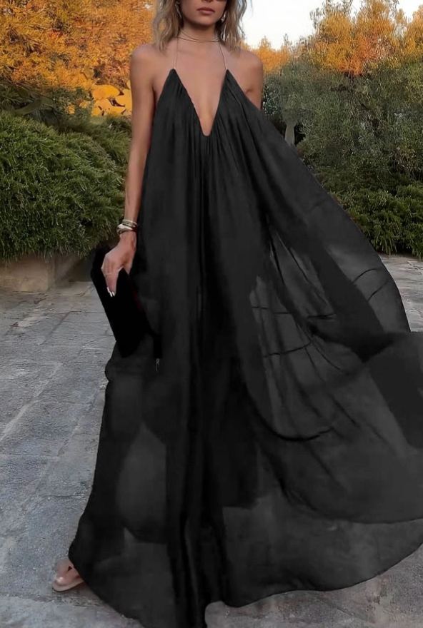 Elegant V-neck Chiffon Flowy Maxi Dress