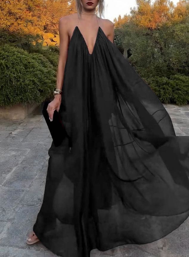 Elegant V-neck Chiffon Flowy Maxi Dress