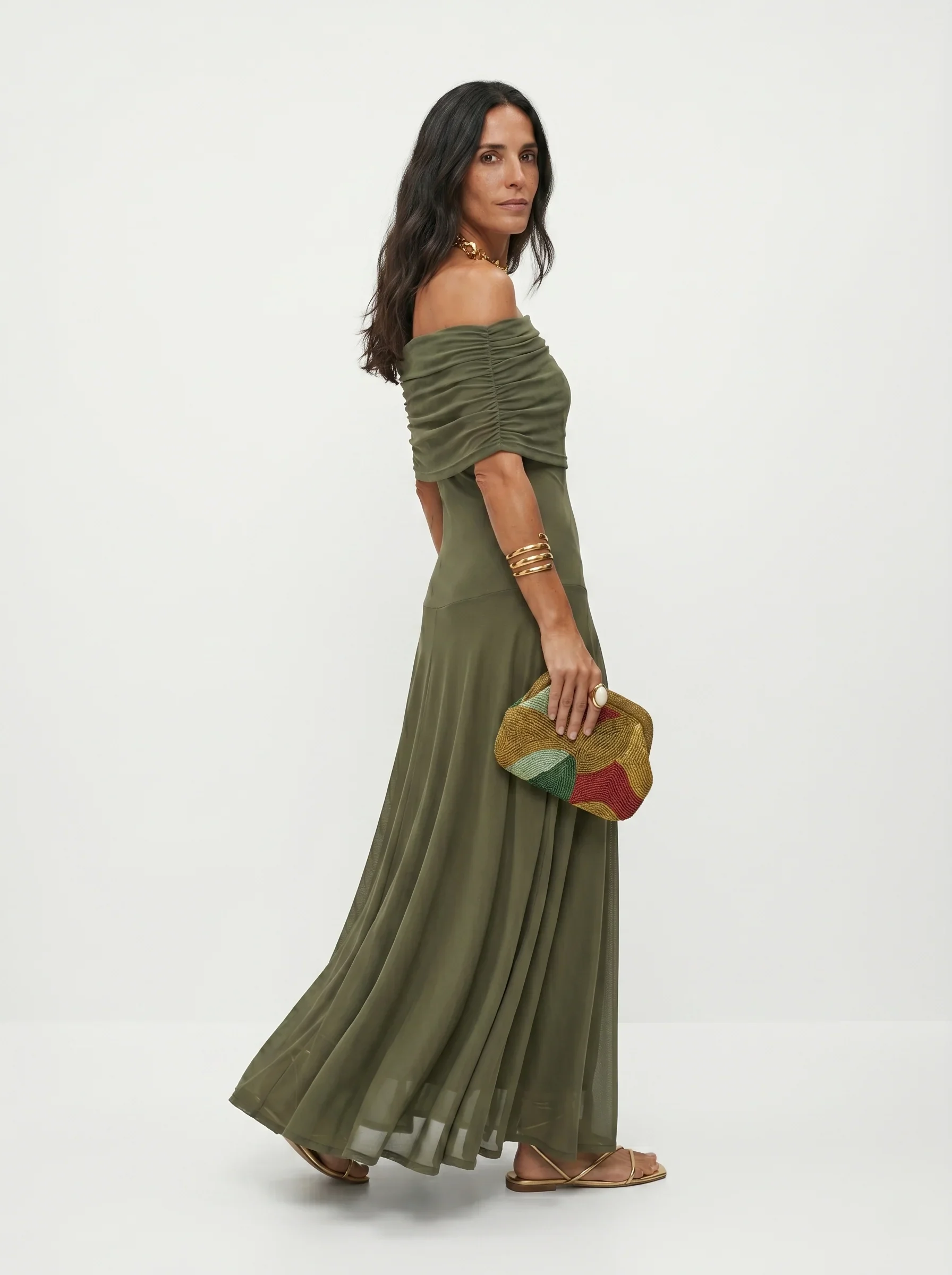 Women's One Shoulder Draped Mesh Maxi Dress in Abstract Print