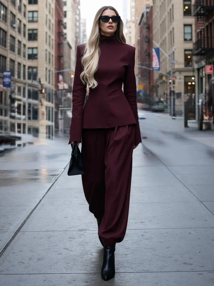 Burgundy Mock Neck Long Sleeve Structured Top and Tapered Pants Two Piece Set [erp-image:9831128f18aa7dab6ae85568]