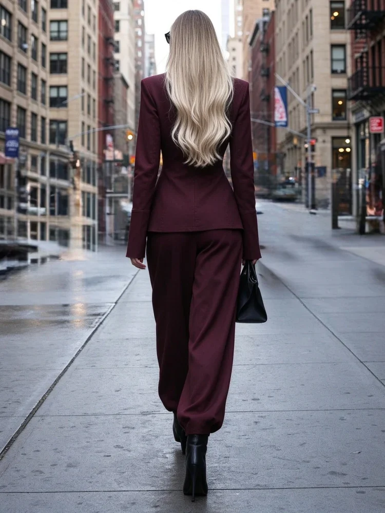 Burgundy Mock Neck Long Sleeve Structured Top and Tapered Pants Two Piece Set [erp-image:785abd0fbbd6751f0fc6d098]