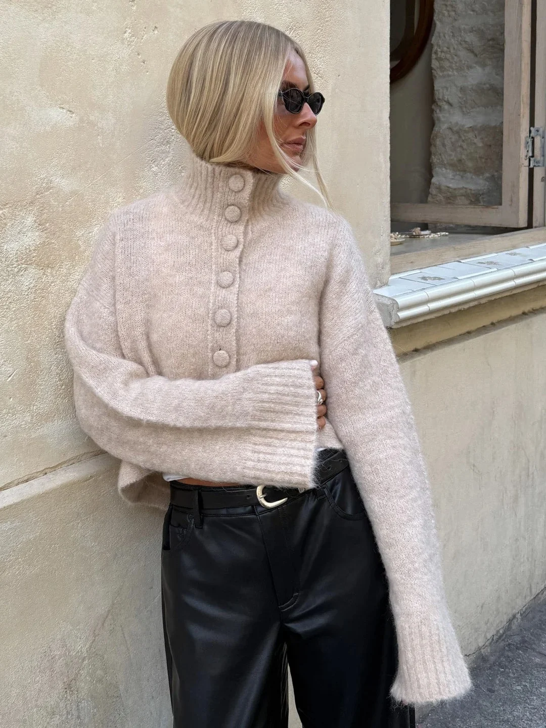 Women's High Neck Fuzzy Knit Cropped Cardigan Sweater with Covered Buttons