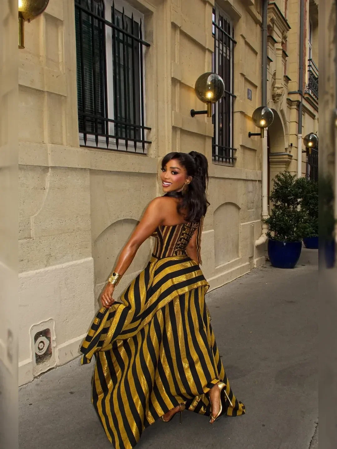 Striped Halter Corset Top and Tiered High-Low Maxi Skirt Two-Piece Set