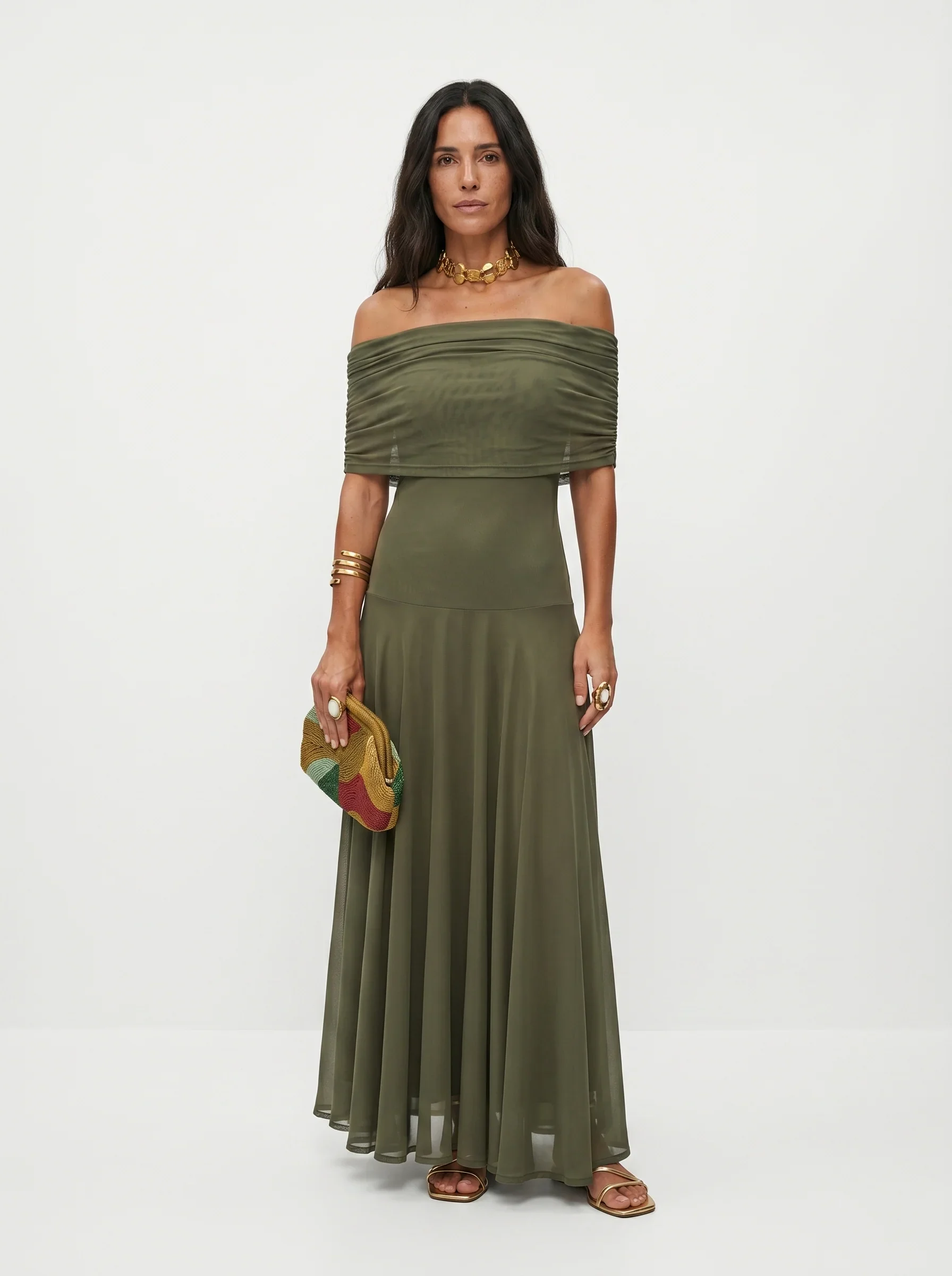 Women's One Shoulder Draped Mesh Maxi Dress in Abstract Print
