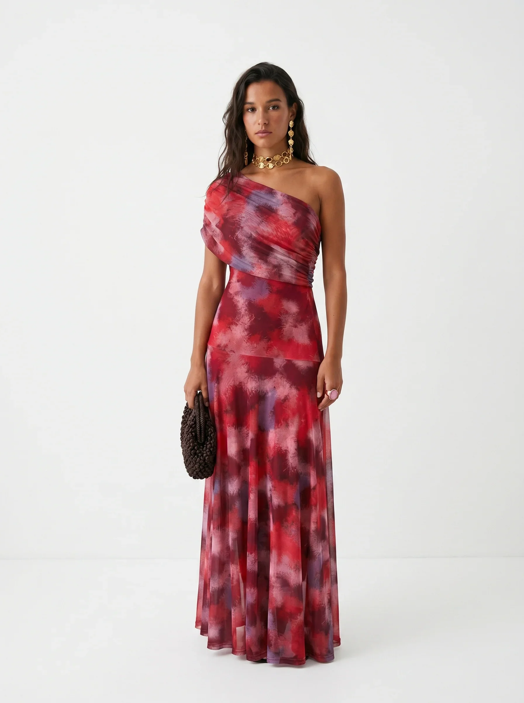 Women's One Shoulder Draped Mesh Maxi Dress in Abstract Print