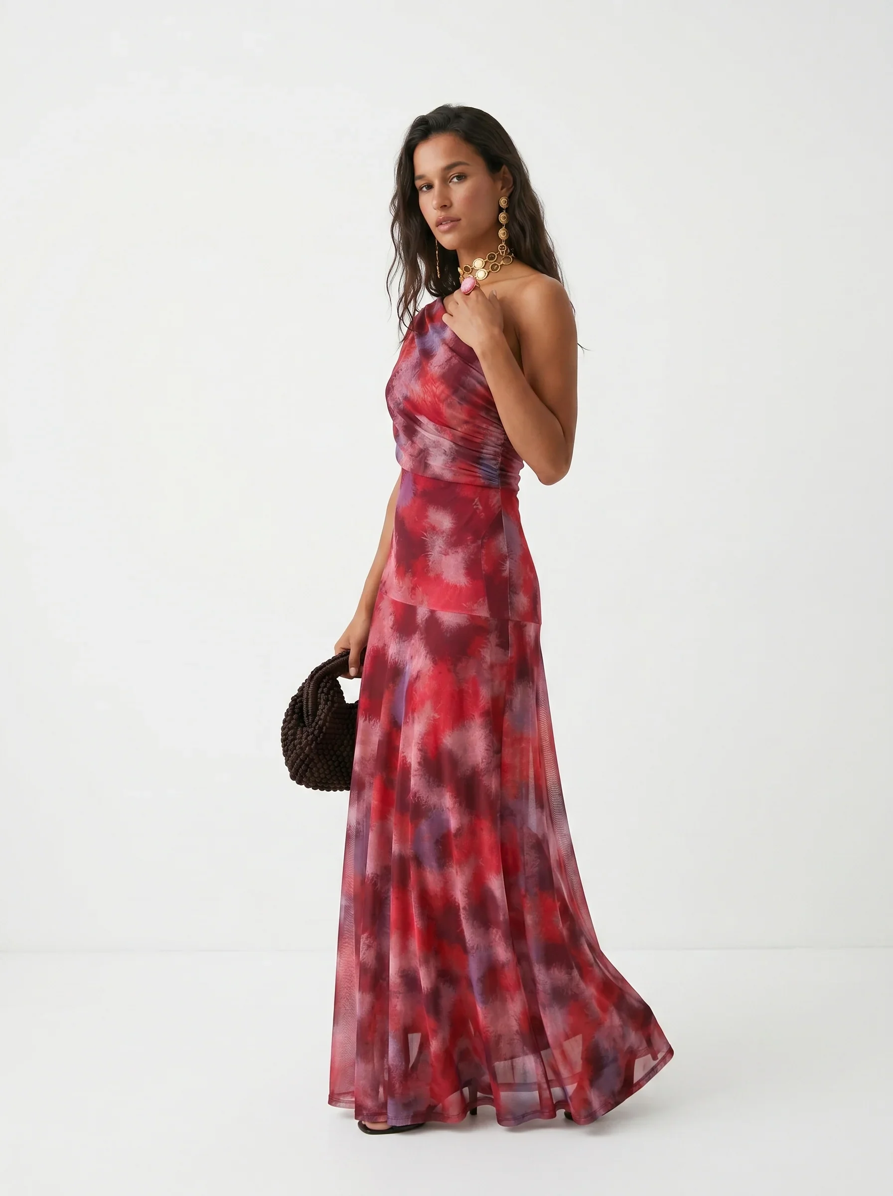 Women's One Shoulder Draped Mesh Maxi Dress in Abstract Print
