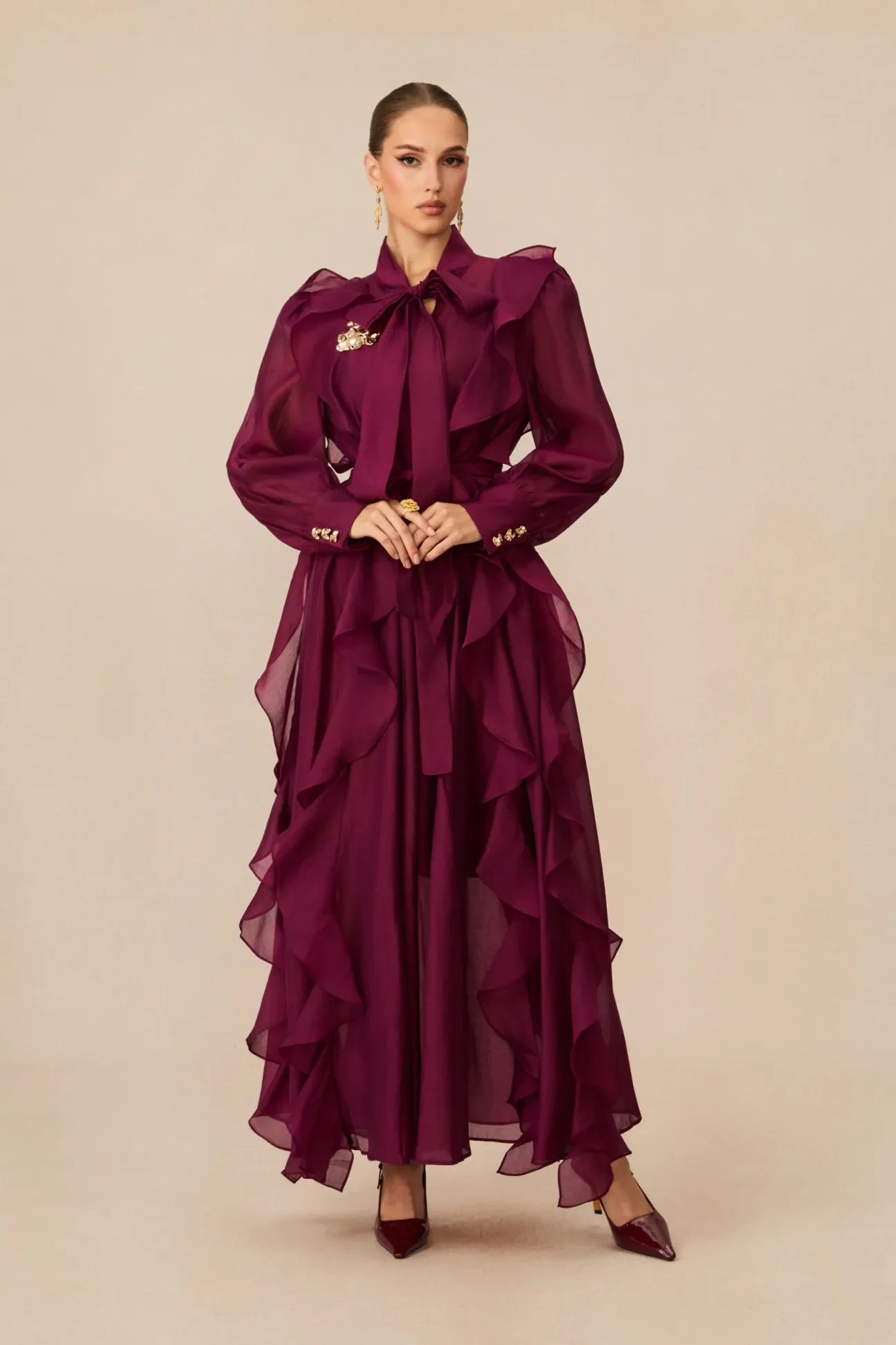 Burgundy Ruffled Tie-Neck Long Sleeve Chiffon Maxi Dress