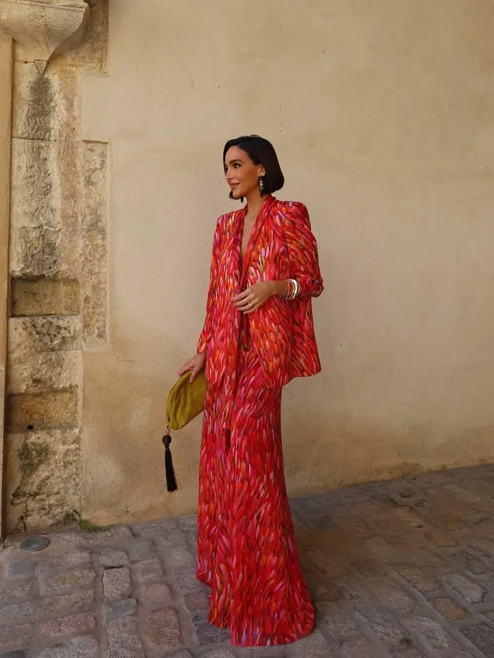 Red Brushstroke Print Tie Front Blazer and Wide Leg Pants Two Piece Set [erp-image:fa3c0e22e6dfbc5803466851]