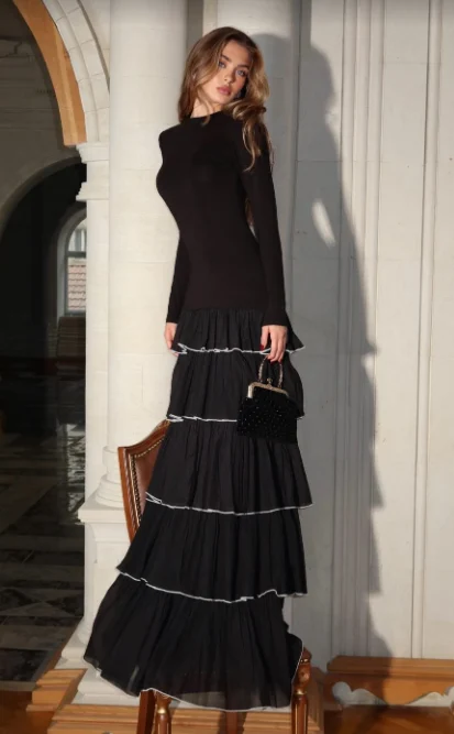 Black Long Sleeve Mock Neck Tiered Ruffle Drop Waist Maxi Dress [erp-image:1ece9732f03355b577e45540]
