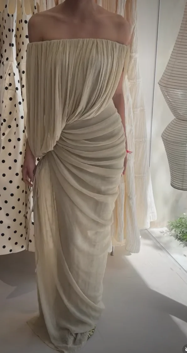 Off the Shoulder Draped Pleated Ruched Maxi Dress [erp-image:68e8be391495ebb8deccdb9f]