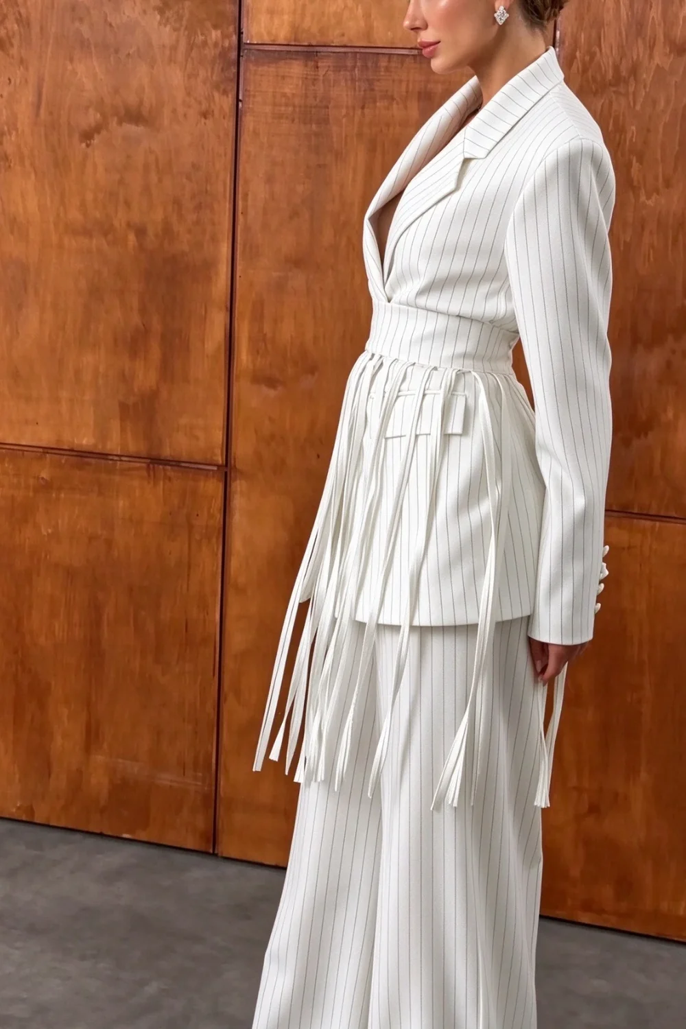 White Pinstripe Fringe Blazer and Wide Leg Pants Two Piece Set [erp-image:688d4561813136ef3d81af84]