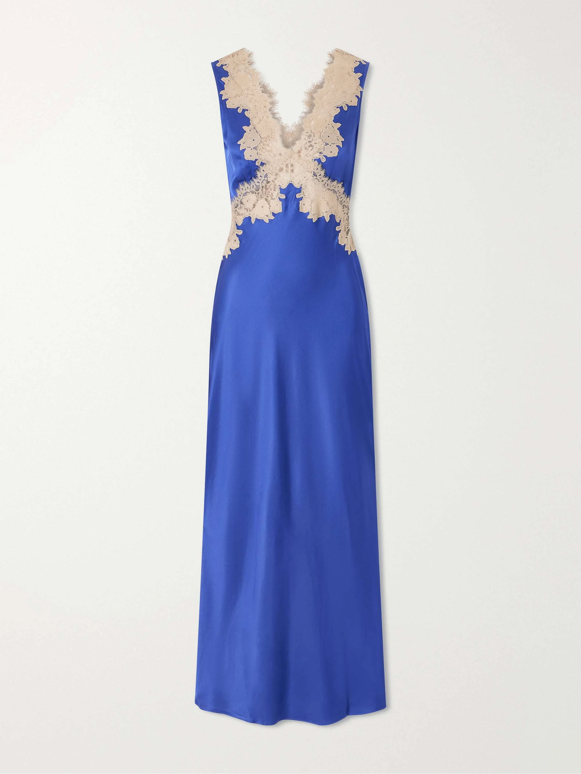 Sleeveless Royal Blue Satin Maxi Dress with Contrast Floral Lace Applique [erp-image:70fbbc687e5fee5964054aa8]