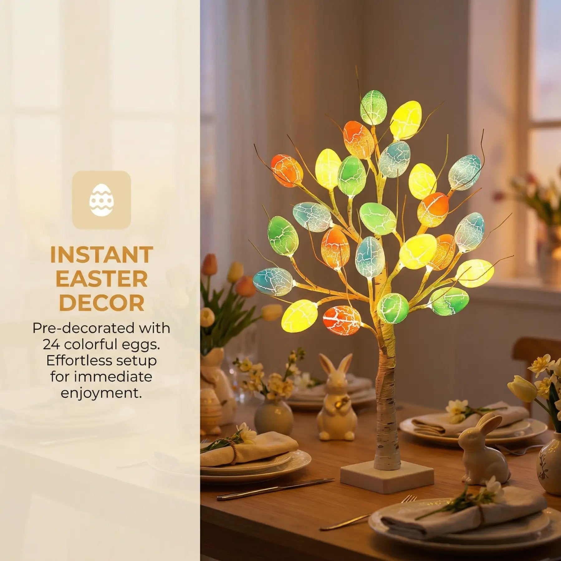 Lighted Birch Egg Tree with 24 Colorful Eggs 
