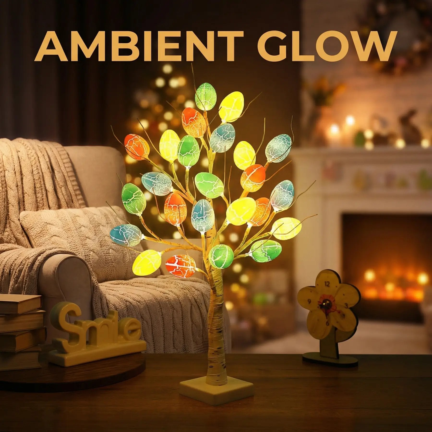 Lighted Birch Egg Tree with 24 Colorful Eggs 