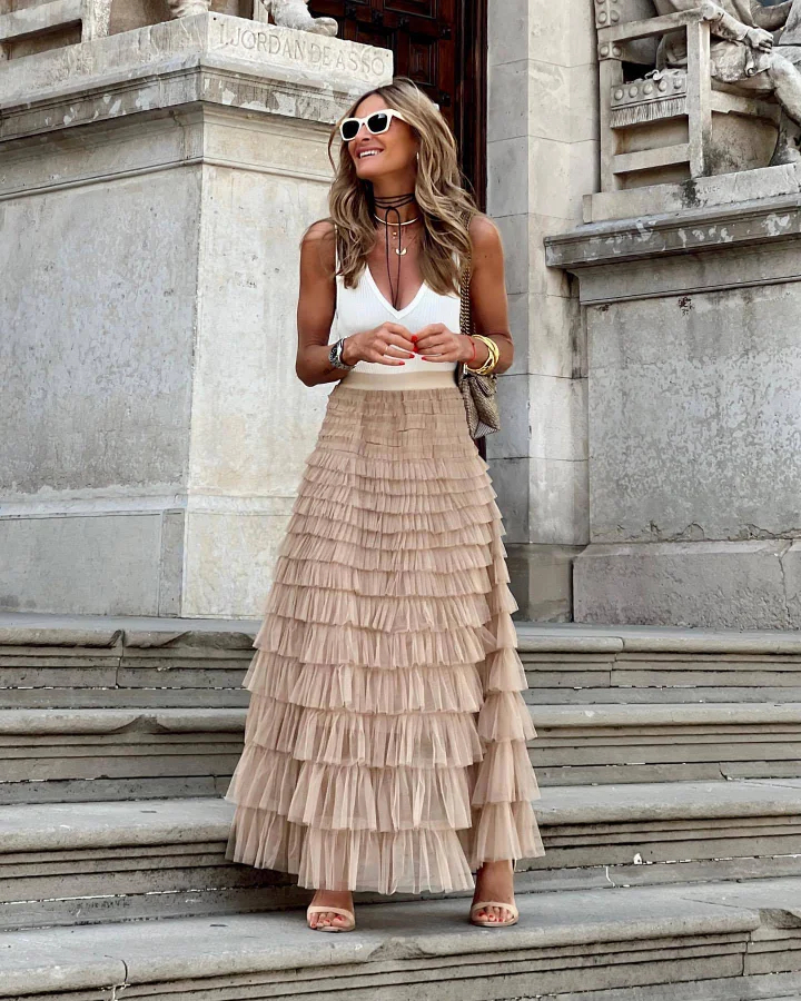 Be Your Own City Queen Tiered Elastic Waist Tulle Maxi Skirt