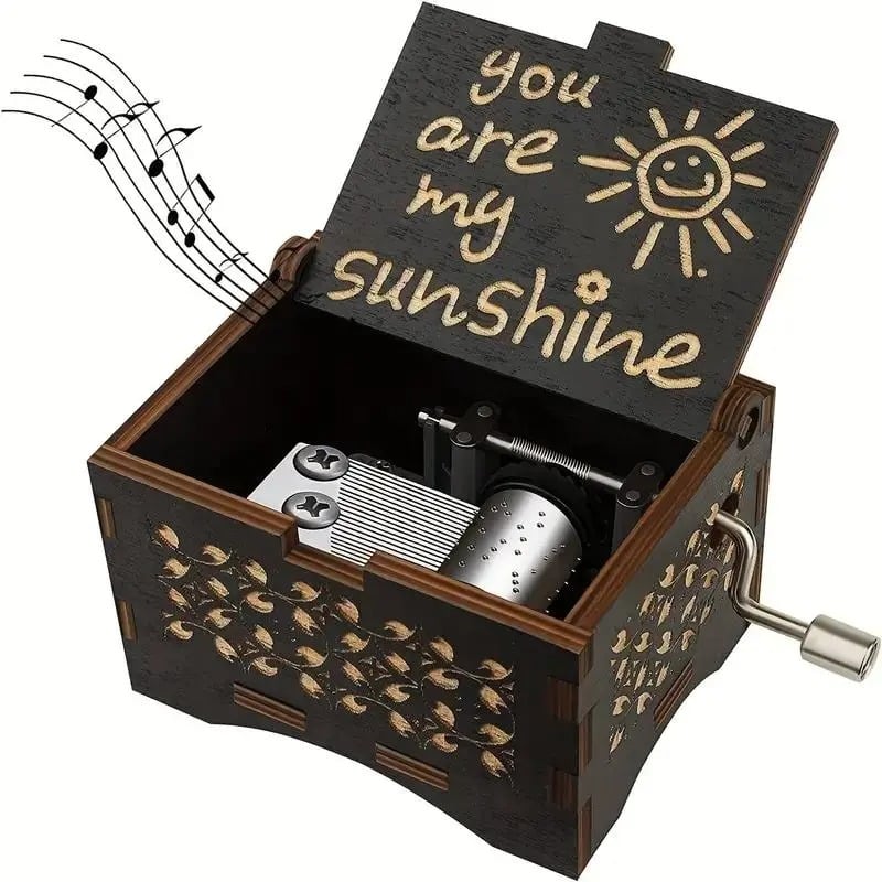 You Are My Sunshine Letter Pattern Music Box, Handmade Hand Crank Wooden Vintage Laser Engraved Music Box