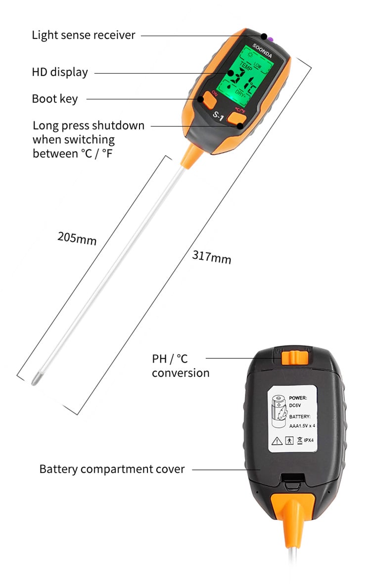 Digital 4-in-1 Soil Test Meter, large LCD screen, probe accurately quick measure